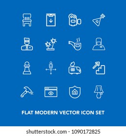 Modern, simple vector icon set on blue background with bulb, travel, lamp, strategy, web, download, switch, tv, film, chess, shovel, downstairs, camera, direction, house, van, horse, internet icons