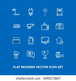 Modern, simple vector icon set on blue background with horse, nature, air, furniture, chess, crash, monitor, house, screen, game, blue, destruction, home, palm, communication, strategy, display icons