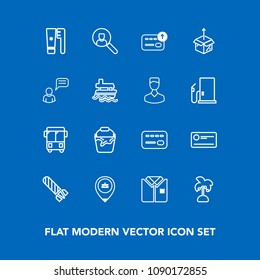 Modern, simple vector icon set on blue background with summer, nature, online, brush, clean, road, container, bus, speed, location, internet, explosion, transportation, danger, work, finance icons