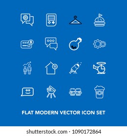 Modern, simple vector icon set on blue background with fight, growth, house, transport, clothing, smile, glove, success, technology, personal, mug, transportation, telescope, progress, drink icons