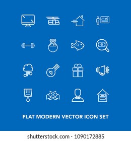 Modern, simple vector icon set on blue background with voice, male, rail, folk, gift, party, profile, network, box, display, loudspeaker, string, paintbrush, internet, supermarket, customer, sky icons