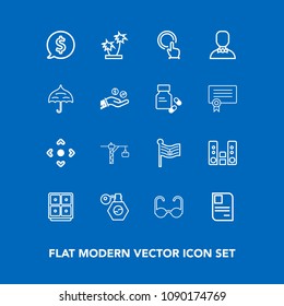 Modern, simple vector icon set on blue background with flag, fashion, pump, sunglasses, hand, nature, identity, finance, nation, palm, personal, audio, bank, perfume, price, construction, tag icons