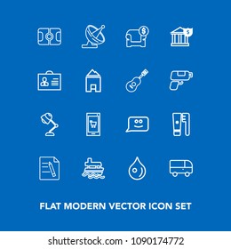 Modern, simple vector icon set on blue background with app, road, paper, transport, stadium, ship, phone, chat, bus, file, abstract, light, document, liquid, face, care, communication, rain, sea icons