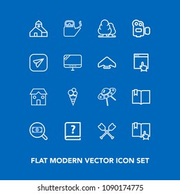 Modern, simple vector icon set on blue background with book, kitchen, boat, search, find, paddle, forest, landscape, spaceship, email, message, space, building, spacecraft, business, sweet, food icons