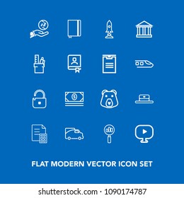 Modern, simple vector icon set on blue background with investment, greece, finance, bear, spaceship, animal, transport, video, bank, financial, traffic, greek, magnifying, media, business, cash icons