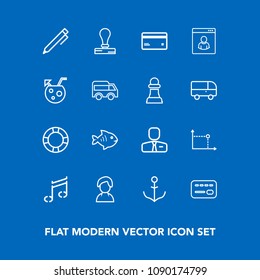 Modern, simple vector icon set on blue background with profile, sign, internet, rudder, music, bank, water, credit, people, stationery, female, stamp, sea, job, nautical, ring, business, wheel icons