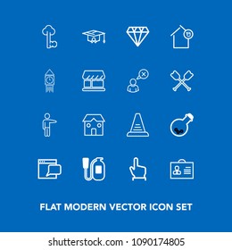 Modern, simple vector icon set on blue background with business, internet, tool, graduation, equipment, up, key, people, click, education, profile, technology, school, showing, jewelry, step icons