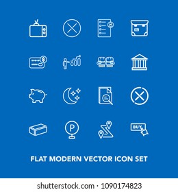 Modern, simple vector icon set on blue background with construction, human, tool, television, vehicle, technology, road, tv, finance, web, buy, investment, job, professional, checklist, money icons