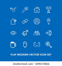 Modern, simple vector icon set on blue background with jazz, cafe, spanner, roof, search, fashion, cup, estate, house, repair, eye, coffee, trumpet, paintbrush, mug, plane, white, sunglasses icons