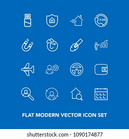 Modern, simple vector icon set on blue background with aircraft, timetable, cash, travel, time, protect, protection, rent, estate, home, finance, operator, purse, online, account, search, tool icons