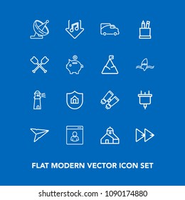 Modern, simple vector icon set on blue background with house, van, protection, business, spy, transportation, male, player, water, button, home, property, light, email, audio, watch, internet icons
