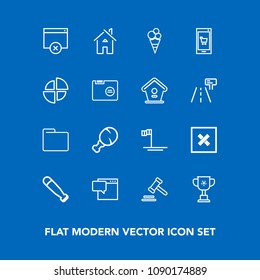 Modern, simple vector icon set on blue background with ocean, sign, closed, beach, bat, architecture, equipment, page, file, food, house, winner, championship, fast, legal, baseball, sweet, wood icons