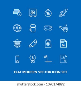 Modern, simple vector icon set on blue background with cash, safe, document, safety, business, room, paper, winner, market, blue, gift, happy, money, knife, retail, travel, ocean, meat, beach icons
