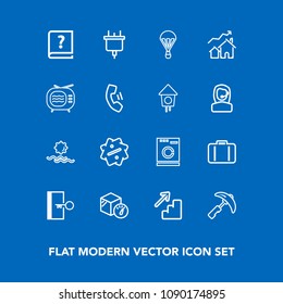 Modern, simple vector icon set on blue background with crane, sale, appliance, old, graphic, airport, machine, industry, down, morning, sun, landscape, book, weight, construction, laundry, pen icons