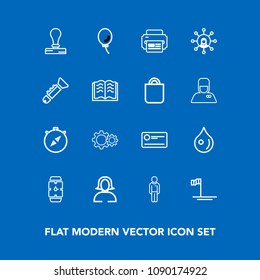 Modern, simple vector icon set on blue background with man, celebration, air, hand, beach, drop, girl, paper, time, male, liquid, cheque, face, woman, rain, boy, payment, young, ocean, watch icons