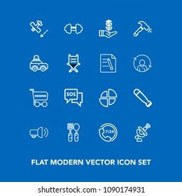 Modern, simple vector icon set on blue background with travel, emergency, tree, workout, bat, baseball, help, danger, trolley, cart, flight, technology, pie, aircraft, buy, seedling, fitness icons