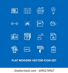 Modern, simple vector icon set on blue background with calendar, day, tv, female, schedule, communication, education, trash, antenna, recycling, list, brush, person, video, library, online, bin icons