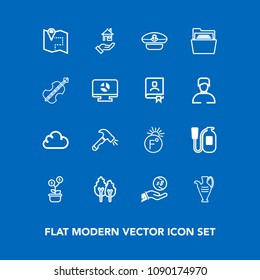 Modern, simple vector icon set on blue background with pin, fahrenheit, travel, danger, growth, temperature, finance, landscape, rent, forest, investment, estate, safety, folder, vase, equipment icons