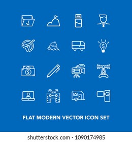 Modern, simple vector icon set on blue background with internet, rubbish, medal, sky, transport, lens, cable, hand, video, education, write, pen, trash, atv, box, music, microphone, money, van icons