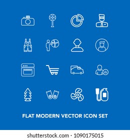 Modern, simple vector icon set on blue background with graph, air, environment, business, summer, cooler, transport, forest, cool, transportation, traffic, ventilator, pie, trolley, cooking, sea icons