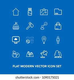 Modern, simple vector icon set on blue background with identity, cardboard, file, card, id, ball, interior, map, forest, paper, cable, business, document, home, architecture, package, personal icons