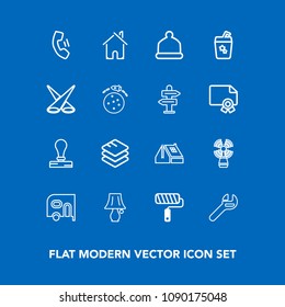 Modern, simple vector icon set on blue background with construction, equipment, internet, lamp, travel, lighthouse, telephone, house, business, mobile, envelope, cell, paper, switch, light, sea icons
