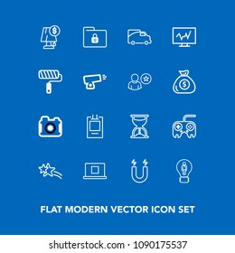 Modern, simple vector icon set on blue background with photo, file, lamp, traffic, profile, safety, transportation, business, hour, sand, vehicle, button, shiny, falling, creative, time, lock icons