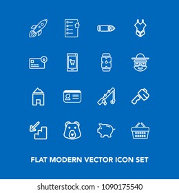 Modern, simple vector icon set on blue background with tool, contract, construction, up, sale, market, down, estate, id, real, identification, reel, identity, store, rod, bear, nature, space icons