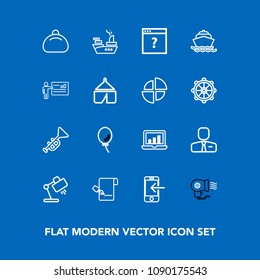 Modern, simple vector icon set on blue background with war, musical, hair, home, balloon, leather, jazz, female, table, computer, fan, screen, technology, job, employee, paper, pen, style, bag icons