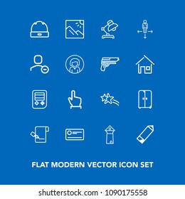 Modern, simple vector icon set on blue background with cheque, pencil, scenery, hat, pen, direction, arrow, touch, button, architecture, finance, table, click, cupboard, cap, famous, list, shiny icons