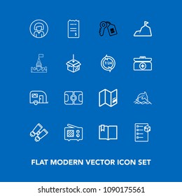 Modern, simple vector icon set on blue background with nature, radio, face, bill, communication, delivery, search, vehicle, glasses, traffic, package, vision, key, checklist, finance, travel icons