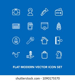 Modern, simple vector icon set on blue background with growth, telephone, life, tree, cell, tool, horse, mobile, escape, female, present, video, jazz, equipment, human, bugle, unlock, technology icons
