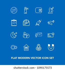 Modern, simple vector icon set on blue background with money, supermarket, finance, sky, food, location, night, forbidden, customer, cycle, pole, bag, store, cash, sign, purse, business, wallet icons
