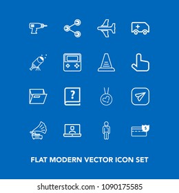 Modern, simple vector icon set on blue background with social, bank, love, money, drill, hand, internet, aircraft, necklace, airplane, video, paper, pen, record, coin, web, message, book, blank icons
