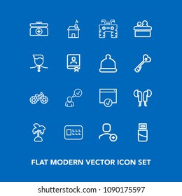 Modern, simple vector icon set on blue background with cross, kit, leaf, transportation, house, music, online, aid, web, lock, sign, quad, tropical, plug, wheel, estate, internet, nature, atv icons