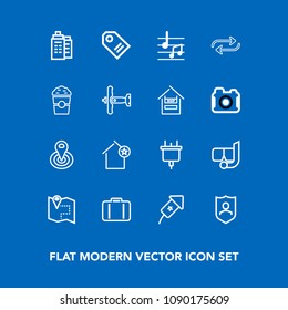 Modern, simple vector icon set on blue background with real, baggage, power, luggage, musical, sale, radius, festival, point, electric, price, summer, building, holiday, security, center, event icons