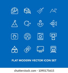 Modern, simple vector icon set on blue background with building, transportation, laboratory, appliance, finance, home, play, camp, business, cash, medicine, guitar, screen, nature, report, sign icons