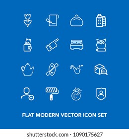 Modern, simple vector icon set on blue background with tea, roll, statistic, web, report, protection, fahrenheit, water, user, sign, trend, spring, tool, jazz, security, kettle, document, bugle icons