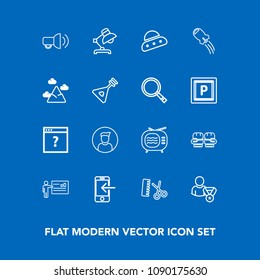 Modern, simple vector icon set on blue background with page, unknown, mobile, sport, male, competition, ship, home, hair, transfer, profile, ufo, lamp, spaceship, hairdresser, communication, web icons