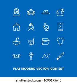 Modern, simple vector icon set on blue background with transportation, find, transport, model, cute, white, car, masquerade, sea, sofa, water, pen, celebration, paper, tap, interior, stationery icons
