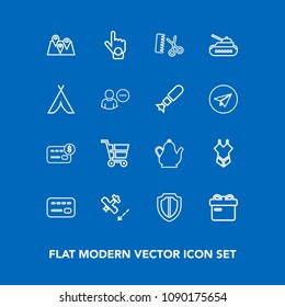 Modern, simple vector icon set on blue background with aircraft, salon, holiday, panzer, bank, flight, cart, travel, present, money, professional, bikini, sign, gesture, index, tea, credit, pin icons