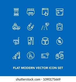 Modern, simple vector icon set on blue background with care, button, search, east, south, fishing, vision, direction, sack, finance, north, sea, web, hygiene, mask, fashion, cube, clock, rod icons