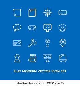 Modern, simple vector icon set on blue background with profile, bag, business, message, display, communication, sound, rucksack, paper, human, backpack, web, office, person, modern, screen, map icons