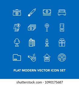 Modern, simple vector icon set on blue background with laboratory, present, document, giftbox, store, cross, stationery, sign, money, tree, box, cart, forest, nature, rocket, supermarket, cash icons