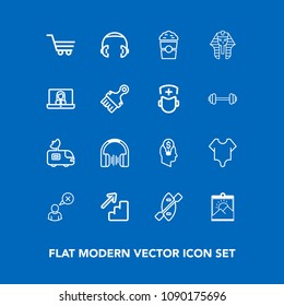 Modern, simple vector icon set on blue background with satellite, cancel, sound, profile, tv, business, oar, idea, down, stereo, frame, headphone, girl, egypt, internet, cafe, canoe, boat, music icons