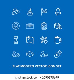 Modern, simple vector icon set on blue background with national, status, ring, space, road, mug, global, , drink, sea, nation, clock, communication, music, location, online, business, bell, flag icons