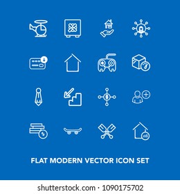 Modern, simple vector icon set on blue background with board, home, male, air, oar, real, suit, skateboard, coin, bank, money, dollar, aircraft, property, rent, helicopter, estate, investment icons