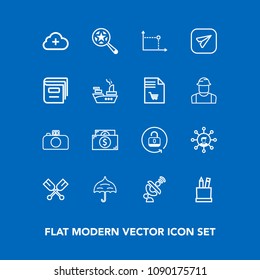 Modern, simple vector icon set on blue background with currency, oar, geometry, message, technology, find, cloud, white, photography, email, education, search, add, box, military, cash, umbrella icons