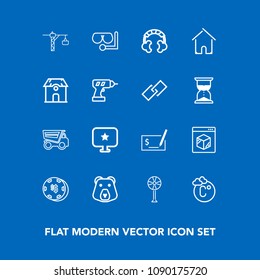 Modern, simple vector icon set on blue background with electric, sign, saw, nature, cooler, game, ventilator, scale, shipping, computer, dumper, tipper, luck, air, pen, wild, glass, online, dump icons