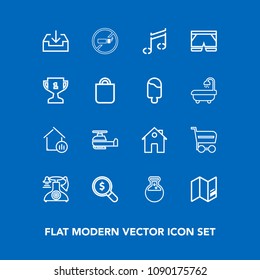 Modern, simple vector icon set on blue background with vintage, old, sign, phone, transportation, house, shop, business, property, search, buy, internet, world, trolley, web, tool, download, air icons